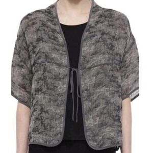 EILEEN FISHER Gray-Black‎ Linen Gauze Jacquard Cardigan Jacket Sz M Tie Boxy